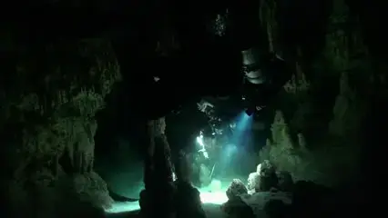 - N9BO℠ | Global Underwater Services Ltd A scuba diver explores a dark underwater cave, illuminated by a torch that reveals rocky formations and greenish water.