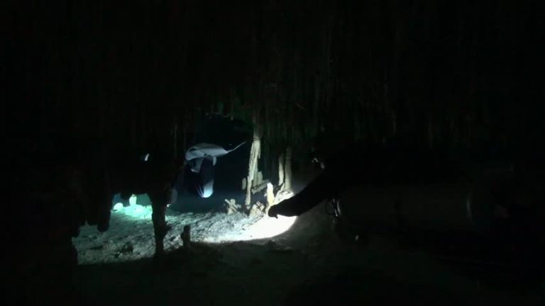 A diver swims through a dark underwater cave, illuminated by a torch, with rock formations and stalactites visible above.