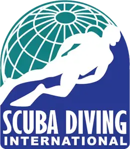 Scuba Diving International logo featuring a white silhouette of a scuba diver over a blue background with a globe outline above, and the words Scuba Diving International written below.