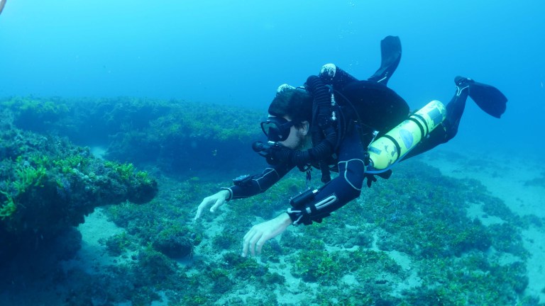 A scuba diver wearing full kit and a yellow air cylinder swims underwater near a rocky, algae-covered seabed with clear blue water surrounding them.
