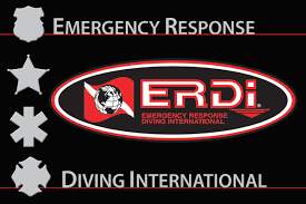 Logo for Emergency Response Diving International (ERDi) with a red and black colour scheme, featuring emergency service icons and the text “Emergency Response Diving International”.