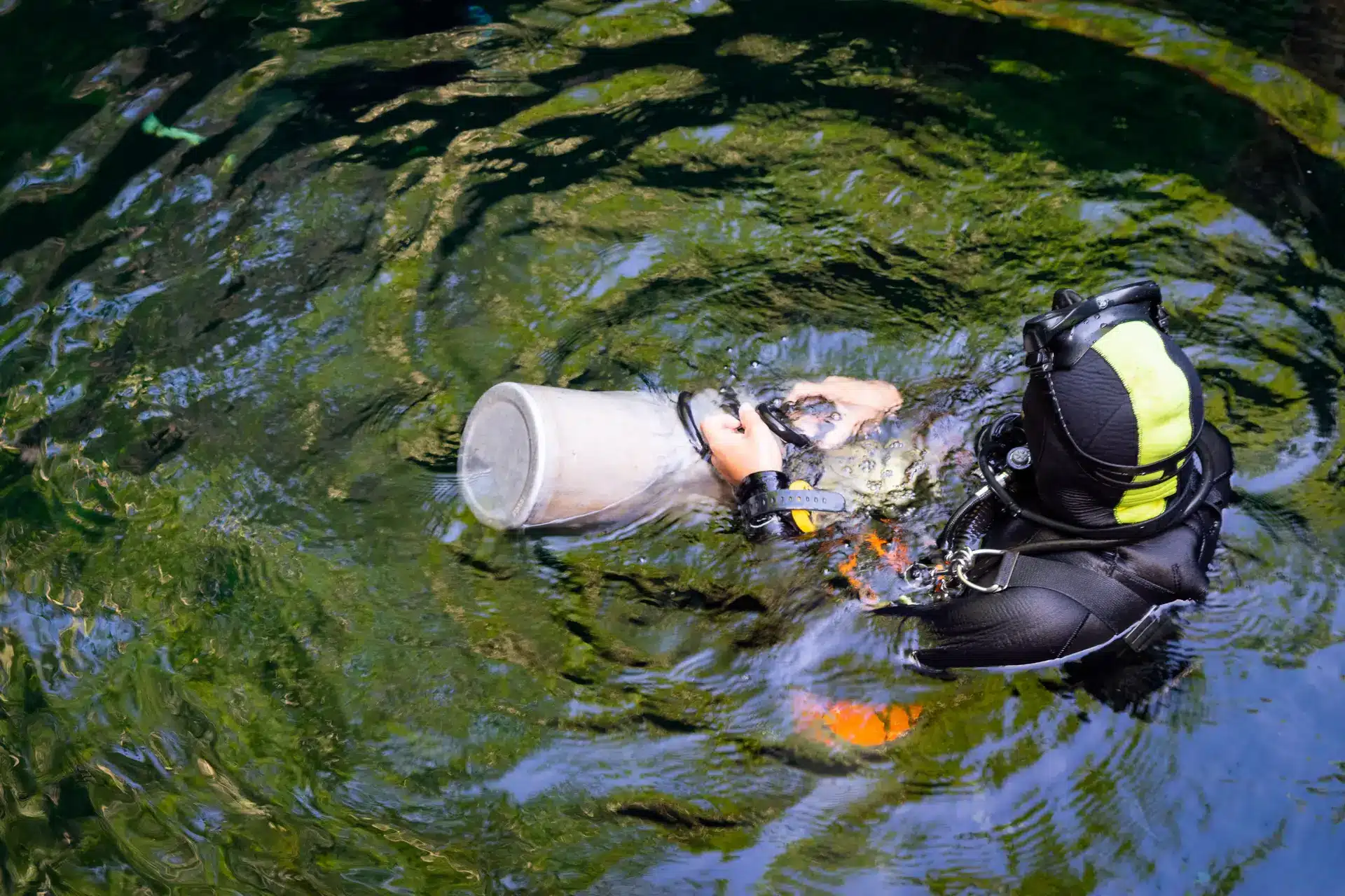 A scuba diver in black gear and a neon-striped hood floats in clear water, holding a large cylindrical container close to their chest.