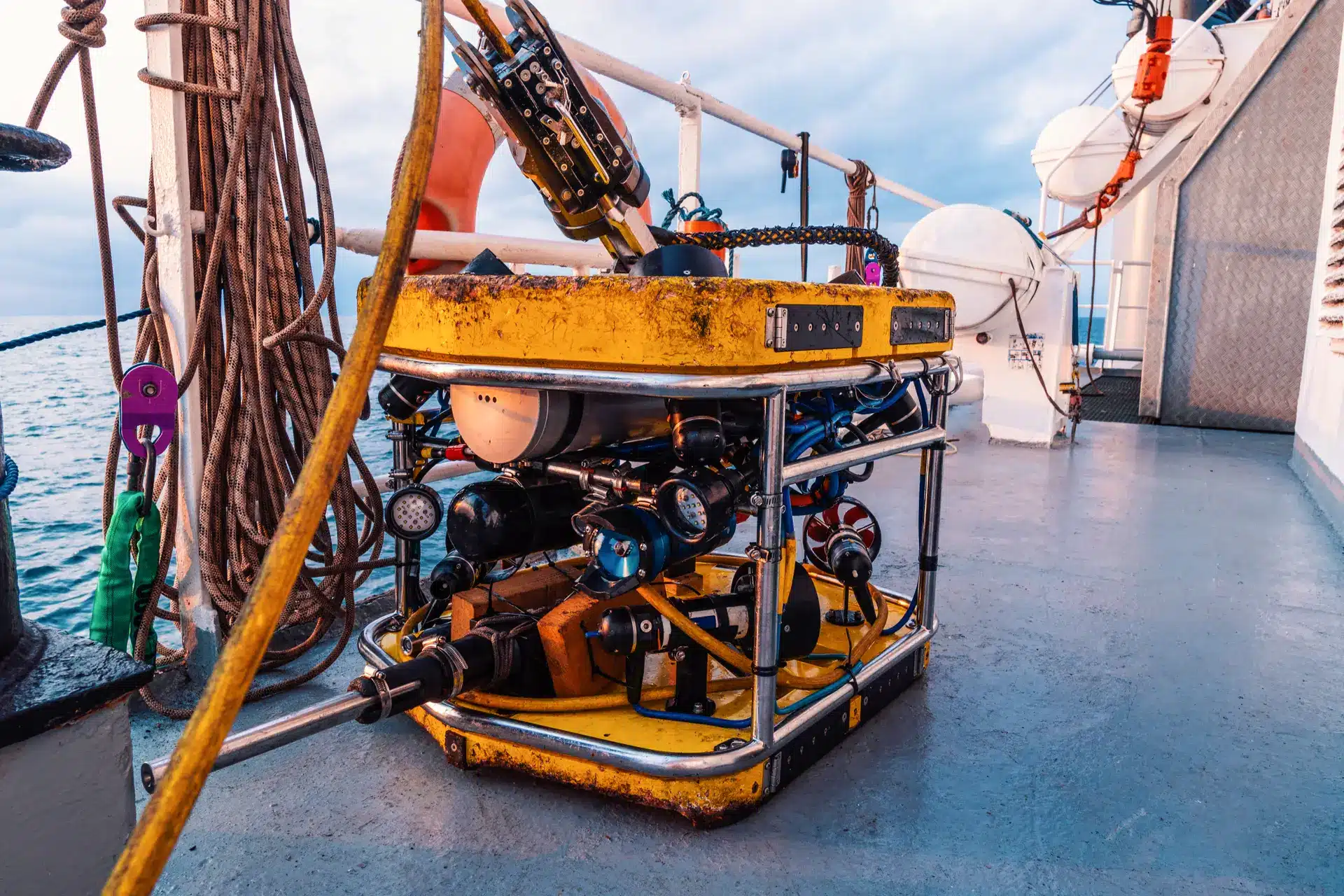 A yellow remotely operated underwater vehicle (ROV) with cameras and lights sits on the deck of a research vessel, with ropes and the sea visible in the background.