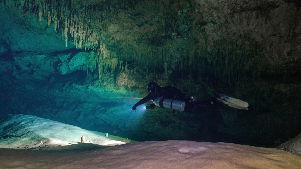 technical diving in a cenote in mexico. - N9BO℠ | Global Underwater Services Ltd A scuba diver with a torch swims in an underwater cave, illuminating rocky walls and stalactites above, with a sandy cave floor visible below.