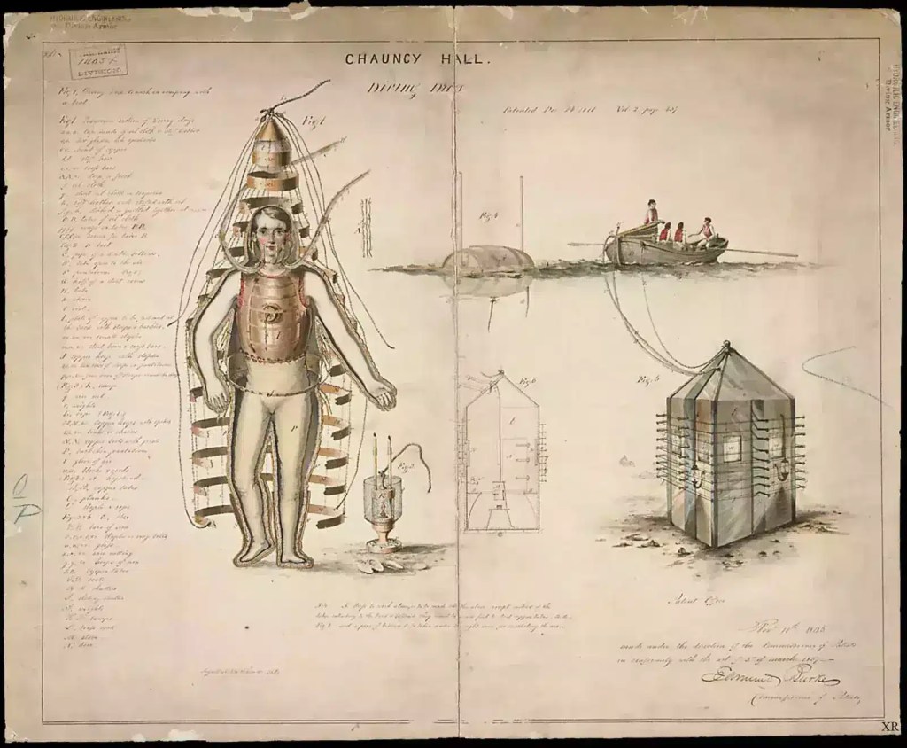 - N9BO℠ | Global Underwater Services Ltd A vintage drawing showing a man in an early diving suit with a striped air supply hose, a small submarine, a boat with three people, and diagrams of the suit and underwater apparatus. Handwritten notes cover the aged paper.