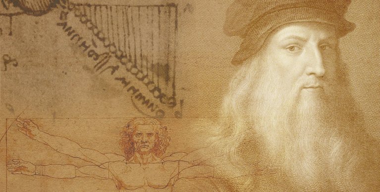 A sepia-toned collage featuring a portrait of Leonardo da Vinci, his famous Vitruvian Man drawing, and handwritten sketches and notes in the background.