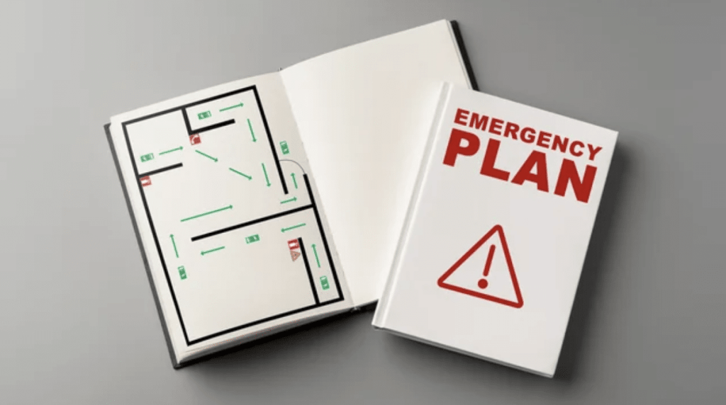 Screenshot 2026-03-06 at 204809 - N9BO℠ | Global Underwater Services Ltd Two books on a grey surface; one is titled EMERGENCY PLAN with a warning symbol, and the other displays a building floor plan with marked emergency exits and escape routes.