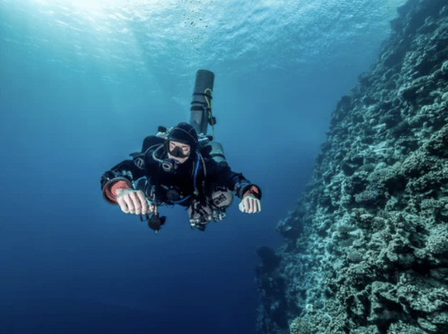 A scuba diver in full kit is swimming underwater next to a coral reef. Sunlight filters down through the clear blue water above.