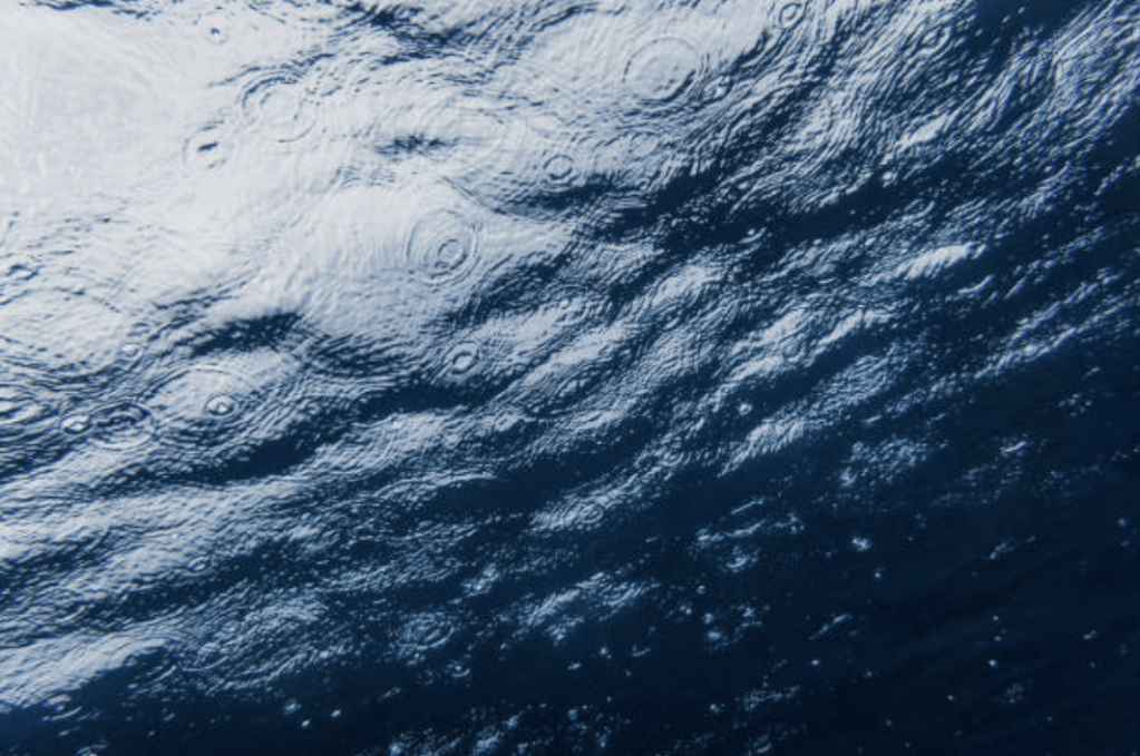Screenshot 2026-03-15 at 153439 - N9BO℠ | Global Underwater Services Ltd Close-up view of raindrops creating ripples on the surface of dark blue water, with light reflections and gentle waves visible.