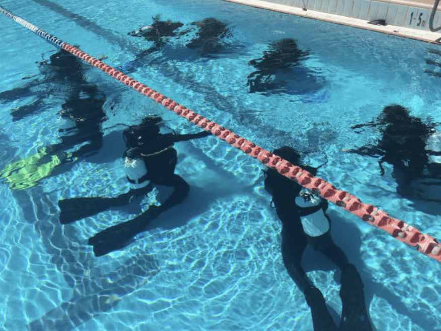 Screenshot 2026-03-15 at 214751 - N9BO℠ | Global Underwater Services Ltd Several scuba divers in wetsuits and flippers are underwater in a swimming pool, practising near a lane divider. Sunlight creates patterns on the pool floor.