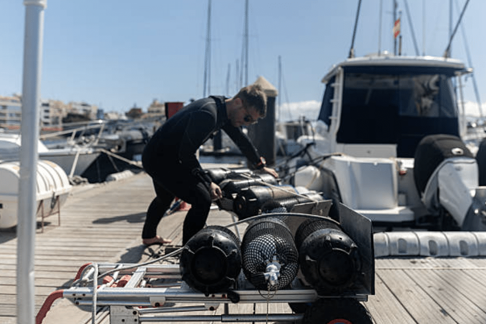 Screenshot 2026-03-16 at 001407 - N9BO℠ | Global Underwater Services Ltd A person in a wetsuit prepares scuba diving cylinders on a quay beside several moored boats on a sunny day.