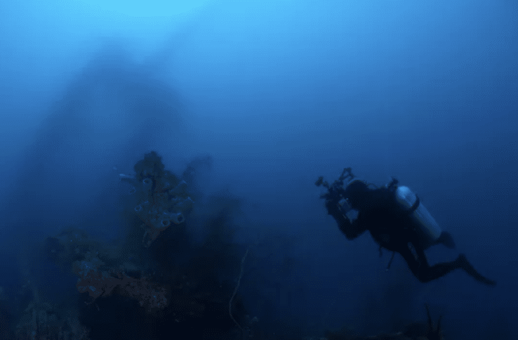 Screenshot 2026-03-16 at 023842 - N9BO℠ | Global Underwater Services Ltd A scuba diver with camera equipment swims near a coral-covered shipwreck in deep blue water, with the outline of the wreck faintly visible in the background.