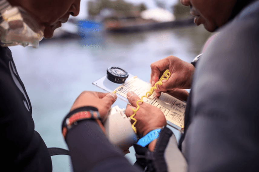 Screenshot 2026-03-16 at 213720 - N9BO℠ | Global Underwater Services Ltd Two people in wetsuits closely examine a waterproof map or chart; one is holding a compass, and water with blurred boats is visible in the background.