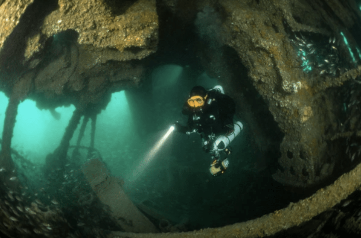 Screenshot 2026-03-17 at 004257 - N9BO℠ | Global Underwater Services Ltd A scuba diver in full kit explores the interior of a sunken shipwreck underwater, shining a torch as small fish swim around and greenish-blue light filters through openings.