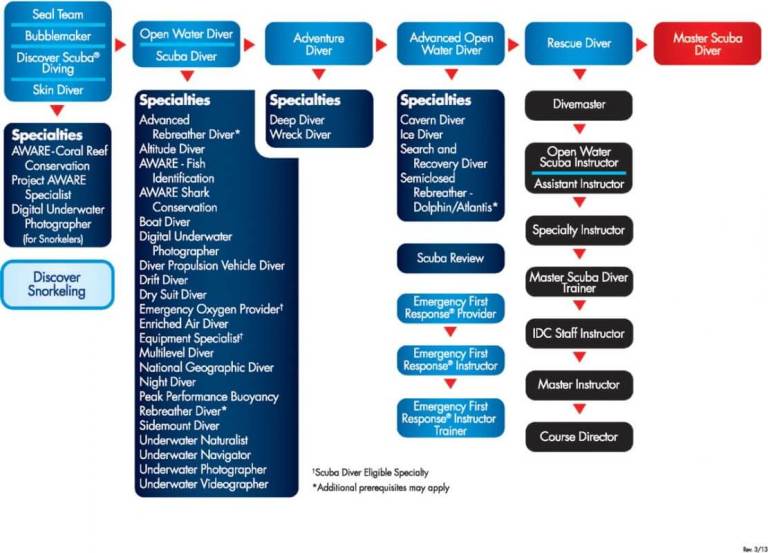 Flowchart of scuba diving certifications, showing progression from beginner to master levels. Includes specialities like deep diving, wreck diving, and rescue diver, with various instructor roles listed on the right.