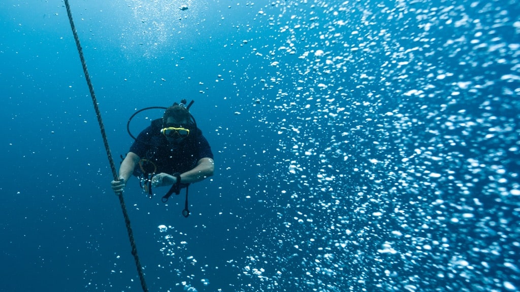 professional diver checking his dive computer to ascend safely holding on to a rope - N9BO℠ | Global Underwater Services Ltd A scuba diver underwater holds onto a rope, surrounded by rising bubbles in blue water. The diver wears a mask, fins, and kit, looking at their hand while ascending towards the surface.