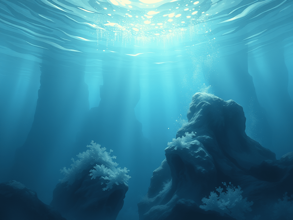 Sunlight filters through the clear blue water, illuminating underwater rock formations and coral on the ocean floor, creating serene patterns of light and shadow.