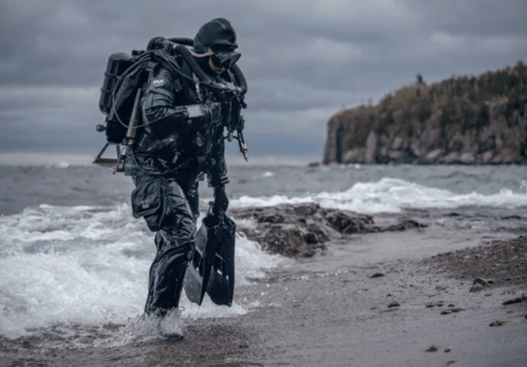 A scuba diver in black kit and flippers walks out of the water onto a rocky shore under a cloudy sky, with cliffs and trees visible in the background.