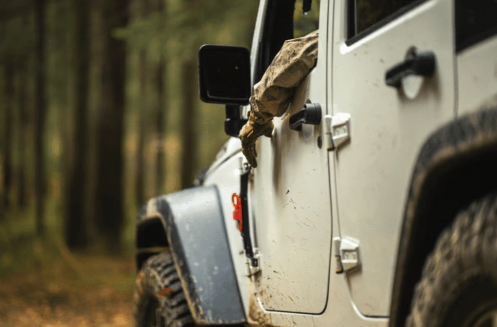 A person wearing a brown jacket and gloves rests their arm out the window of a white off-road vehicle parked in a forest, with trees and earth visible in the background.