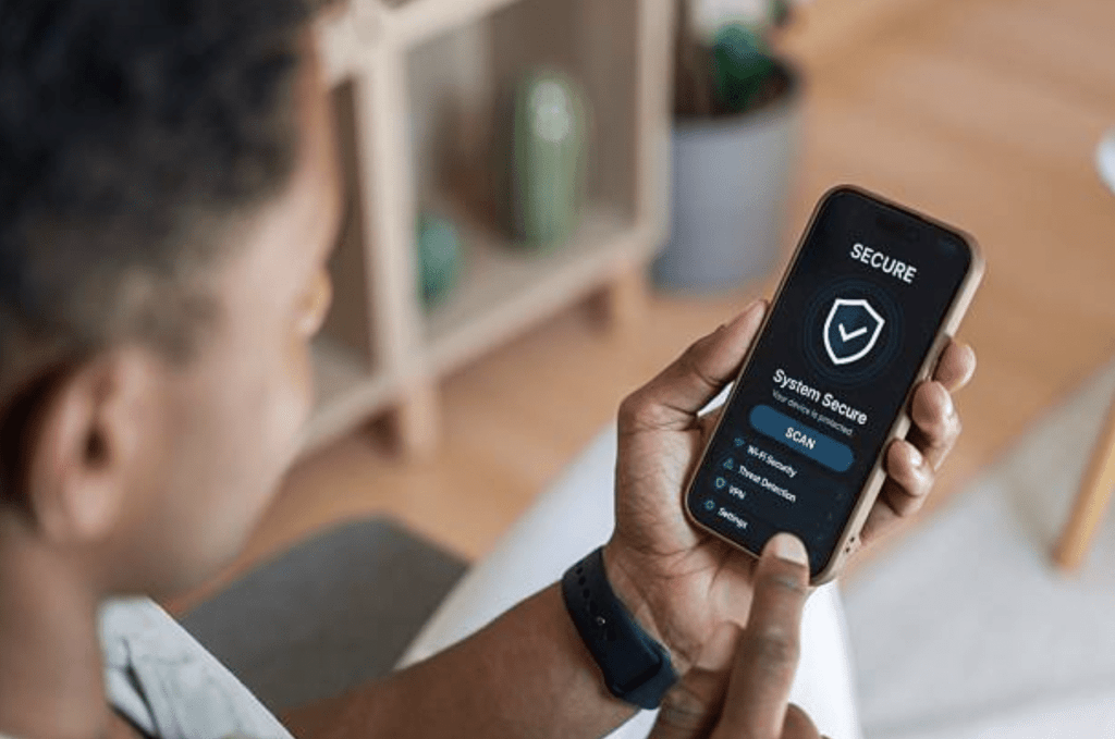 A person holds a mobile phone displaying a security screen with a shield icon and the words System Secure. Their finger is hovering over the Settings option on the phone.