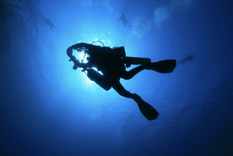 A scuba diver swims underwater towards the surface, silhouetted against the bright blue sunlight. Other divers are visible in the background, surrounded by deep, clear ocean water.