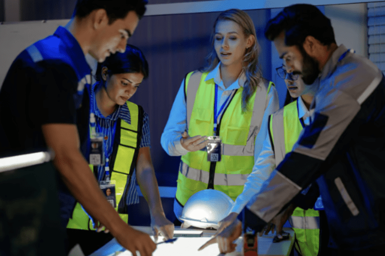 Four people wearing safety vests and badges gather around a table, reviewing documents or blueprints under bright lighting. A white hard hat sits on the table, indicating a work or construction setting.