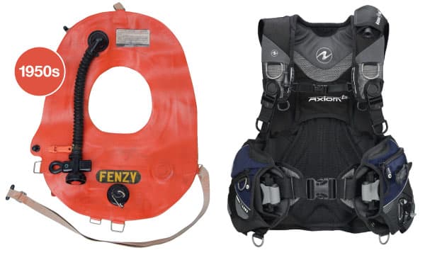 DIVER-old-BCDs - N9BO℠ | Global Underwater Services Ltd Side-by-side comparison of a vintage orange Fenzy buoyancy compensator from the 1950s and a modern black Axiom scuba buoyancy control device with shoulder straps and multiple features.