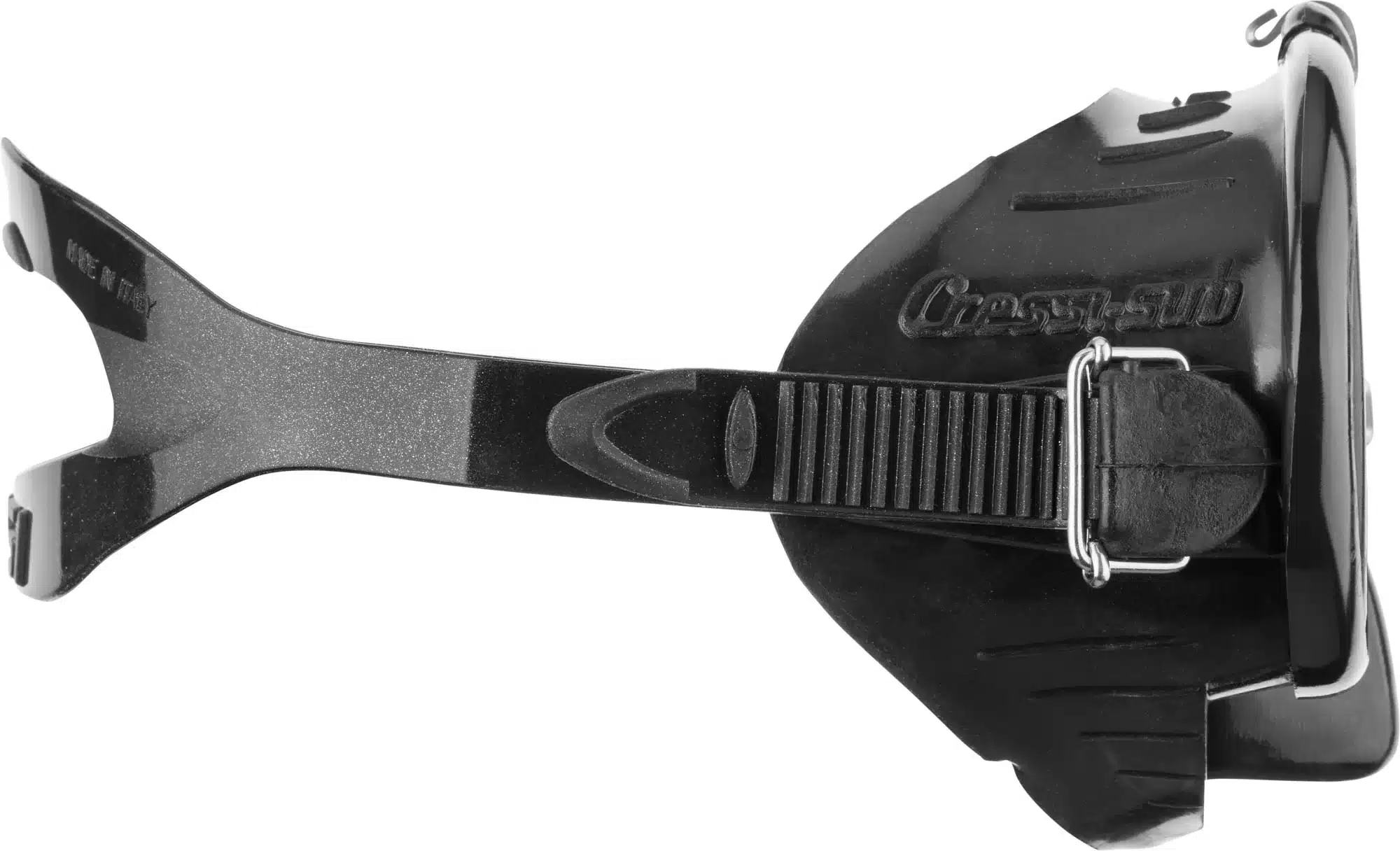 Pinocchio__black__DN210000_04__WEB - N9BO℠ | Global Underwater Services Ltd A black Cressi-Sub diving mask shown from the side, displaying the adjustable strap and buckle system.