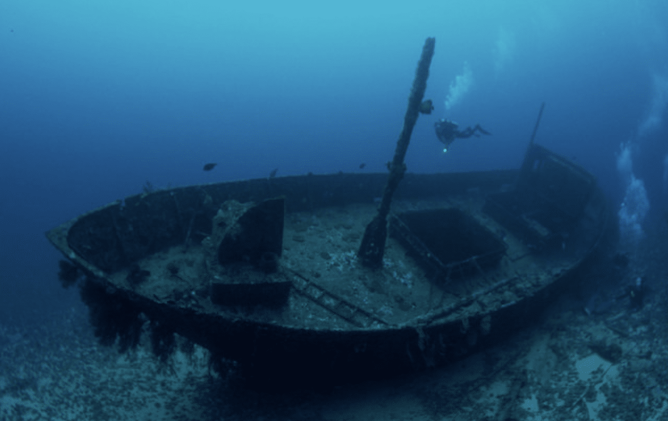 Screenshot 2026-04-01 at 225020 - N9BO℠ | Global Underwater Services Ltd A large underwater shipwreck rests on the ocean floor, covered in marine growth, with a diver exploring nearby in the blue water.