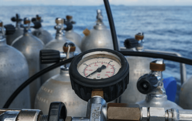 A close-up of a pressure gauge attached to a scuba cylinder, with several other scuba cylinders in the background on a boat, and the sea visible behind them.