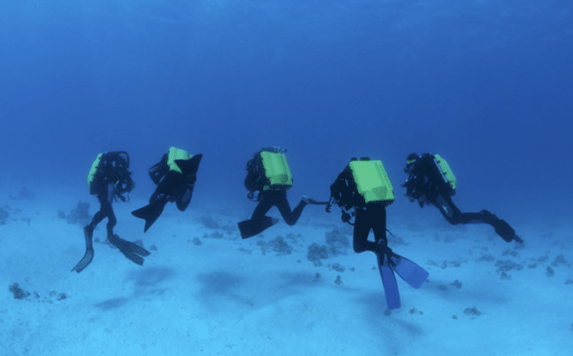 Screenshot 2026-04-03 141738 - N9BO℠ | Global Underwater Services Ltd Five scuba divers with yellow air cylinders swim underwater above a sandy sea floor. The water is clear blue, and small rocks or coral formations are visible beneath them.