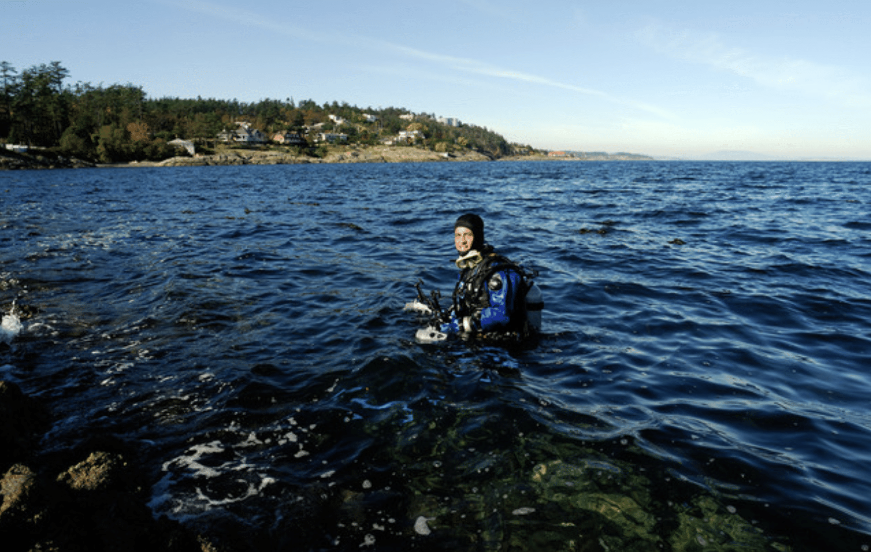 Screenshot 2026-04-05 at 174702 - N9BO℠ | Global Underwater Services Ltd A scuba diver in full kit stands waist-deep in clear blue water near a rocky shoreline, with trees and houses visible in the background under a clear sky.