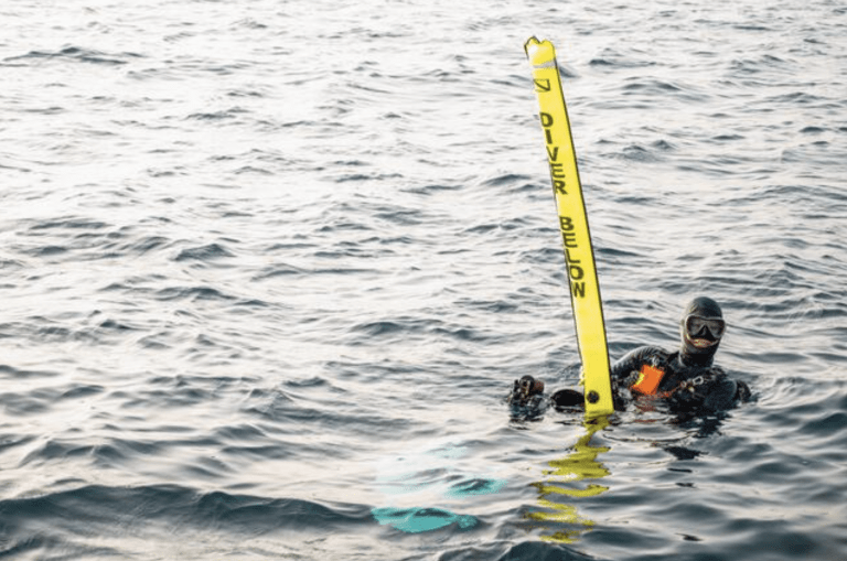 A scuba diver in full kit floats on the water’s surface, holding a tall yellow marker that reads “DIVER BELOW.” The surrounding water is slightly rippled under natural light.