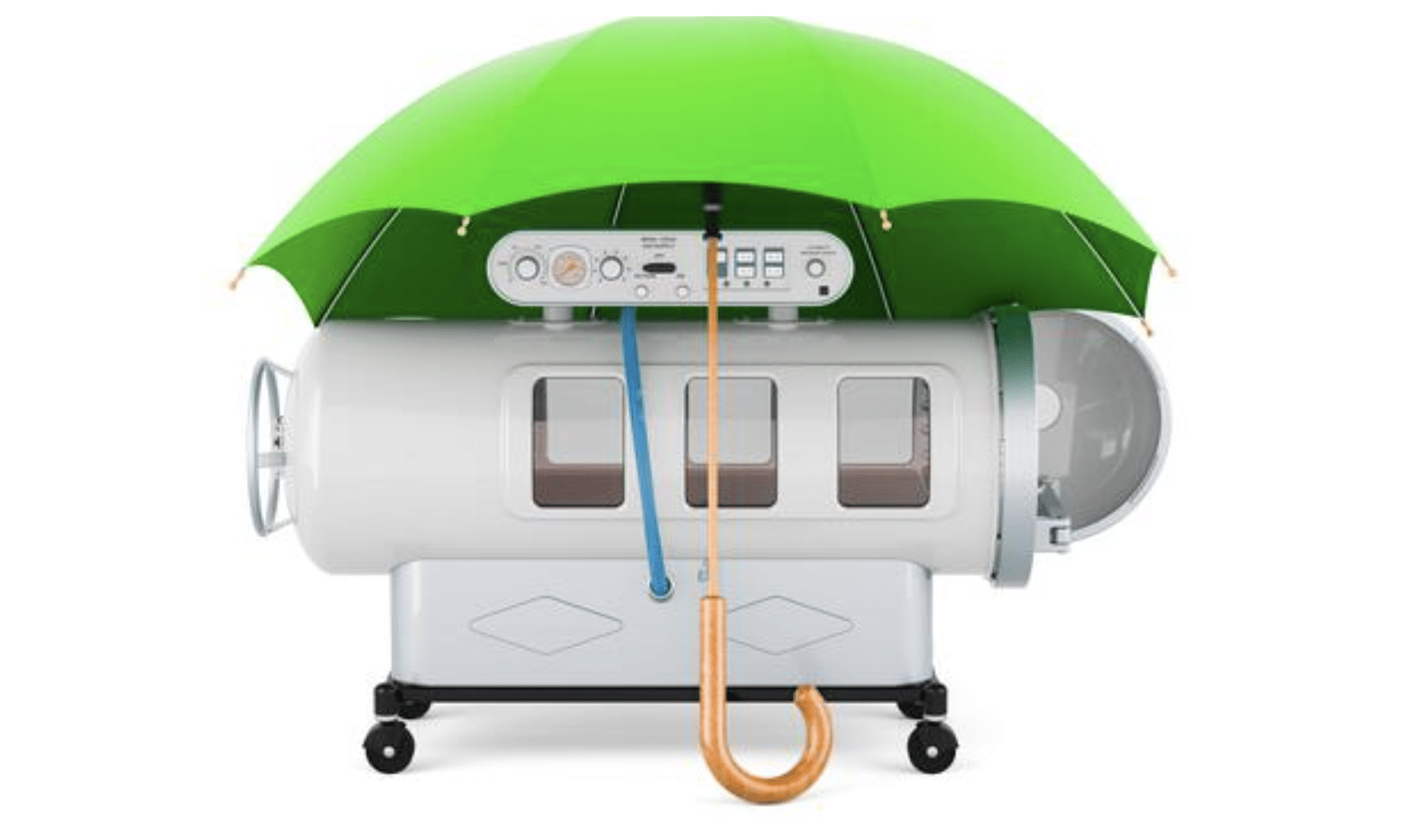 Screenshot 2026-04-05 at 194158 - N9BO℠ | Global Underwater Services Ltd A hyperbaric oxygen chamber is sheltered under a large, open green umbrella, symbolising protection or safety. The background is white.