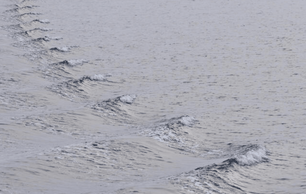 Rows of small, evenly spaced waves ripple across a calm, light-grey body of water, creating a pattern that stretches diagonally into the distance under a soft, cloudy sky.