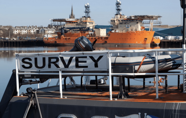 A moored boat labelled SURVEY with an inflatable dinghy on top is in the foreground, whilst two large orange ships and waterfront buildings are visible in the background.