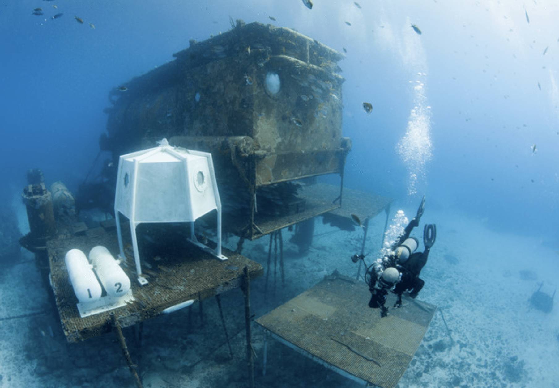 Three scuba divers approach an underwater research habitat and a smaller white structure on the seabed, surrounded by platforms, tanks, and marine life. Bubbles rise as the divers swim towards the habitat.
