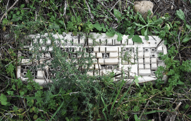 Screenshot 2026-04-07 100750 - N9BO℠ | Global Underwater Services Ltd A dirty, weathered computer keyboard partially covered by overgrown grass and weeds, lying on the ground outdoors.