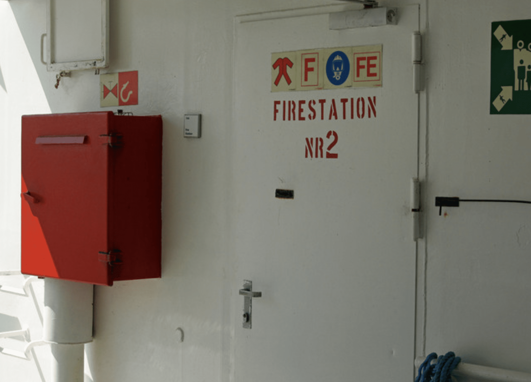 A white door labelled Firestation No. 2 with safety signs and a red emergency box mounted on the wall next to it. A blue rope and a green emergency exit sign are also visible.
