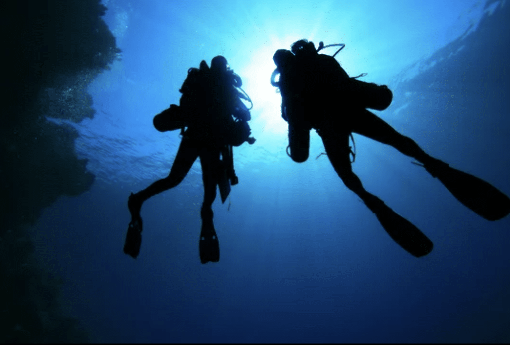 Screenshot 2026-04-15 at 212312 - N9BO℠ | Global Underwater Services Ltd Two scuba divers are silhouetted underwater, swimming near each other with sunlight shining down from above, illuminating the blue water and creating a bright glow behind them.