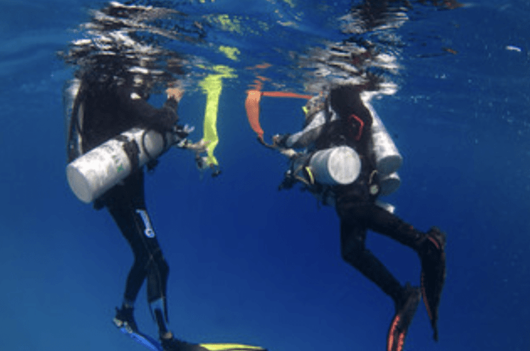 Two scuba divers underwater face each other while holding a bright orange safety marker buoy. Both are wearing wetsuits, fins, and oxygen cylinders, surrounded by clear blue water near the surface.