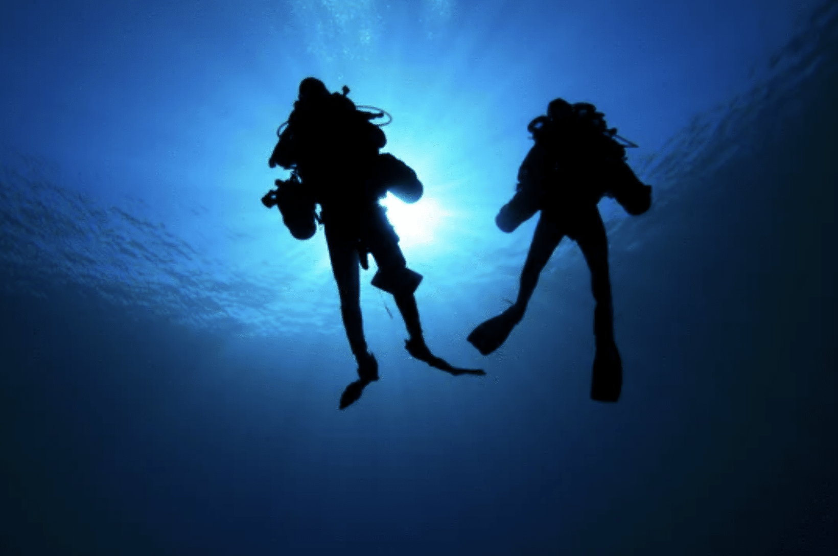 Two scuba divers are silhouetted against a bright blue underwater background, swimming towards the surface with sunlight streaming down from above.