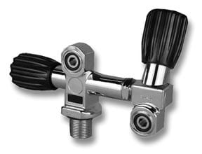 ThermoRtHand - N9BO℠ | Global Underwater Services Ltd A chrome-plated valve with two black ribbed handles positioned at a right angle, designed for controlling the flow of fluid or gas through pipes.