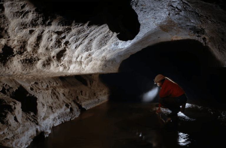 A person wearing a helmet and headtorch crouches by a shallow stream inside a dark, rocky cave, illuminating the water and cave walls with their light.