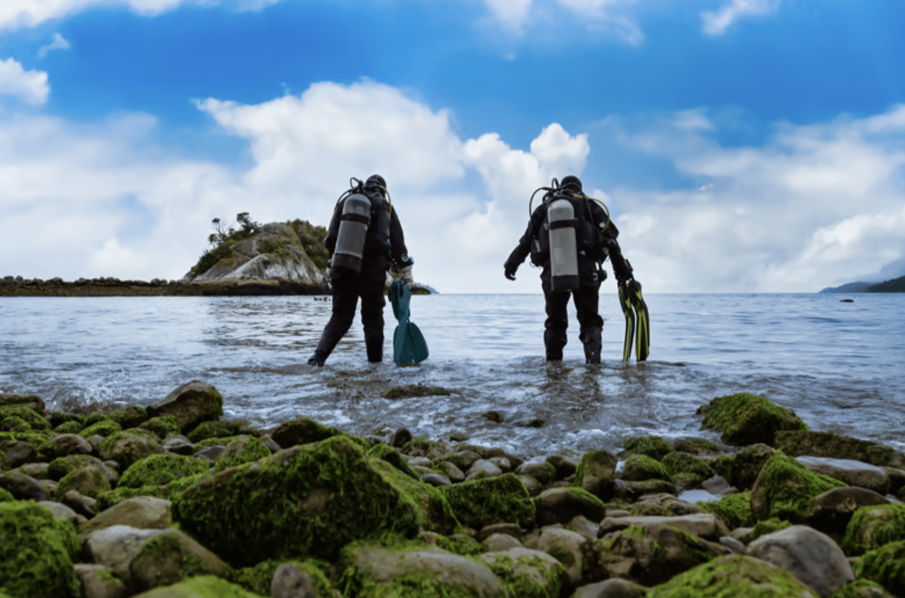 Two scuba divers in wetsuits and cylinders walk from a rocky, moss-covered shore into the sea, carrying fins, with a small island and a partly cloudy blue sky in the background.