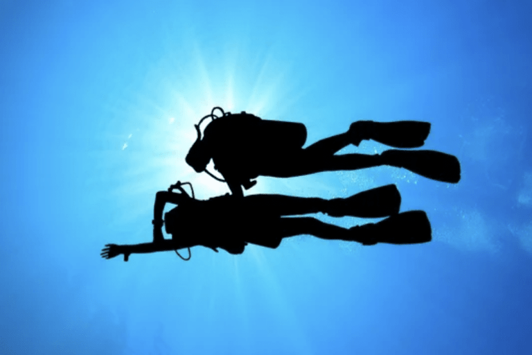 Silhouette of two scuba divers underwater, with sunlight streaming through the blue water above them.