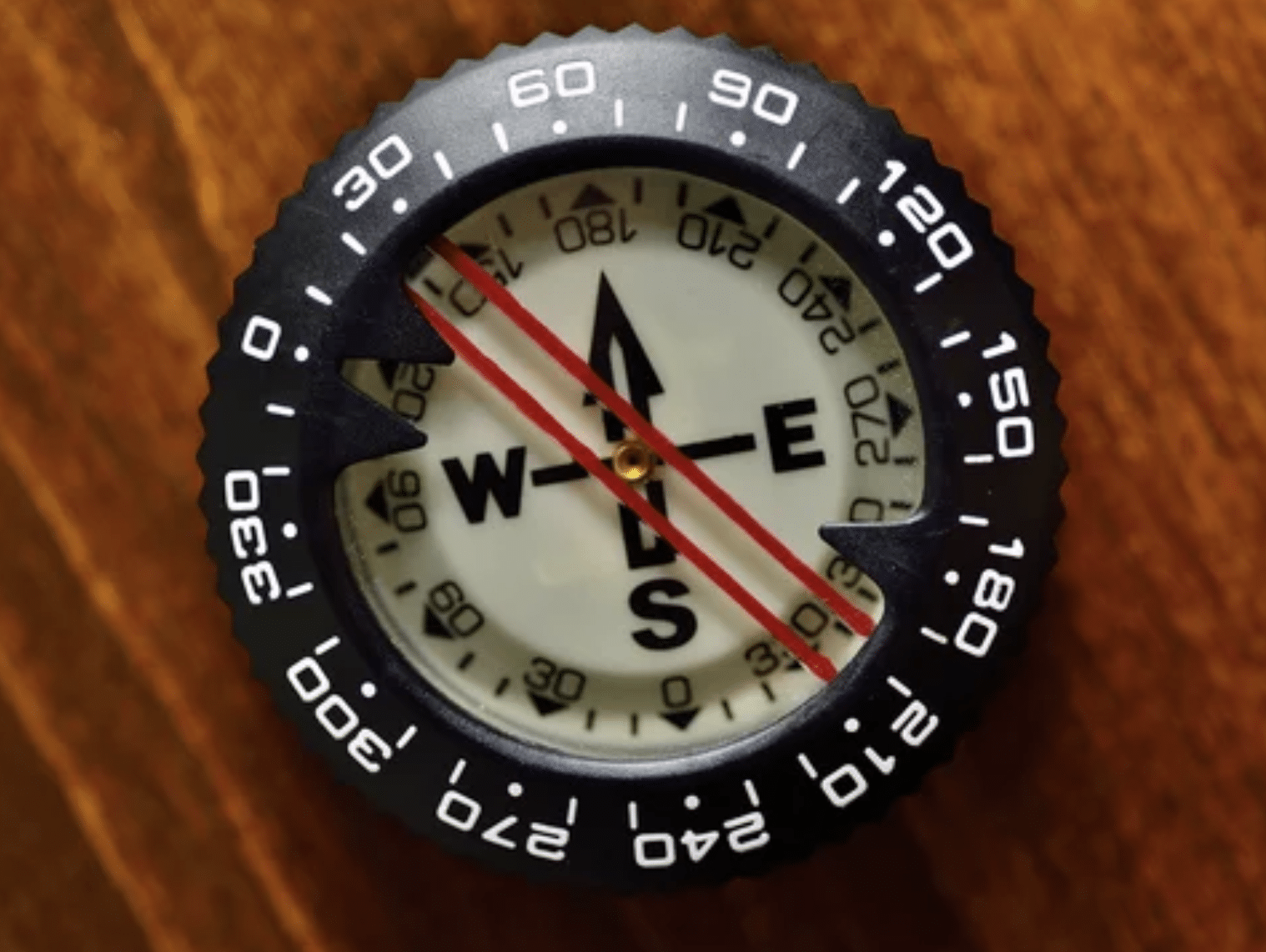 Screenshot 2026-05-27 at 191503 - N9BO℠ | Global Underwater Services Ltd A close-up of a black and white compass resting on a wooden surface, with red directional lines crossing its face and the cardinal points (N, E, S, W) clearly marked.